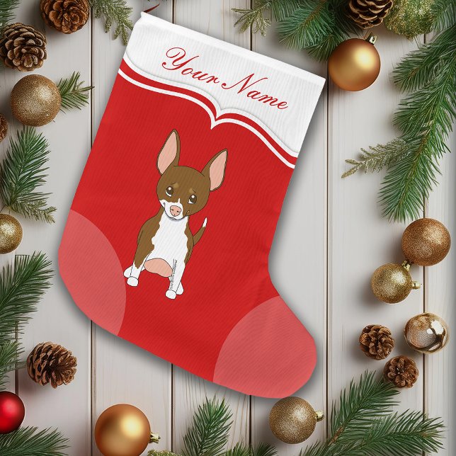 Chihuahua Dog Cute Cartoon Brown White Name Large Christmas Stocking (Cute Chihuahua puppy dog Christmas stocking)