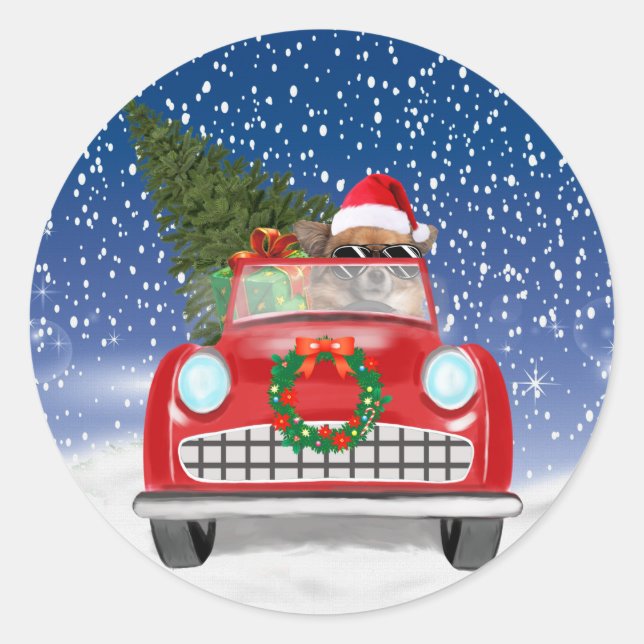  Chihuahua Dog Driving Car In Snow Christmas  Classic Round Sticker (Front)