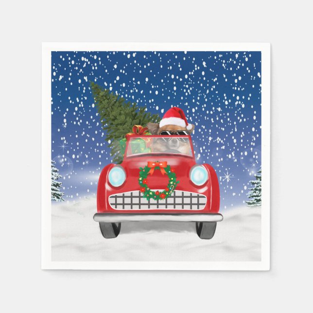  Chihuahua Dog Driving Car In Snow Christmas Napkin (Front)