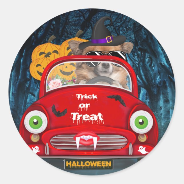 Chihuahua Dog Driving Car Scary Halloween  Classic Round Sticker (Front)