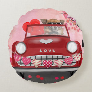 Chihuahua Dog Driving Car with Hearts Valentine's  Round Pillow