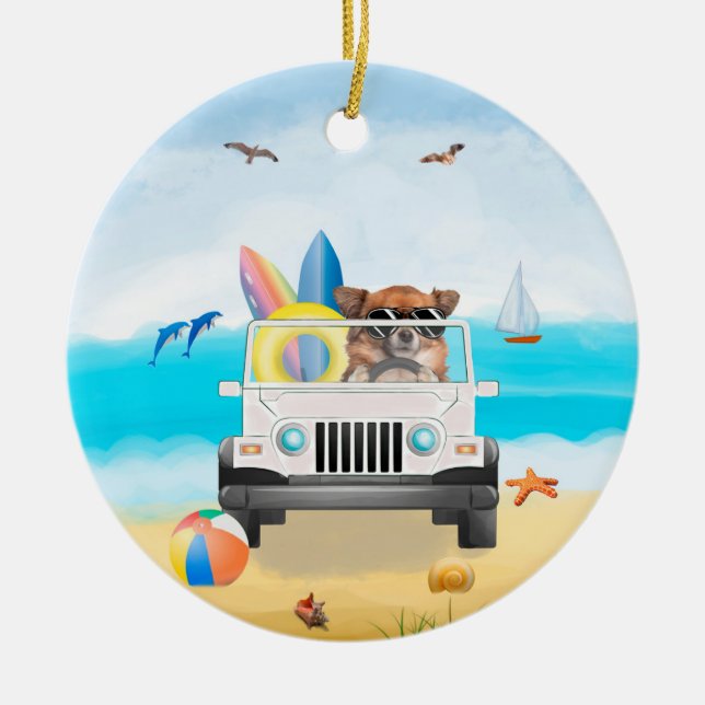 chihuahua Dog Driving on Beach  Ceramic Ornament (Front)