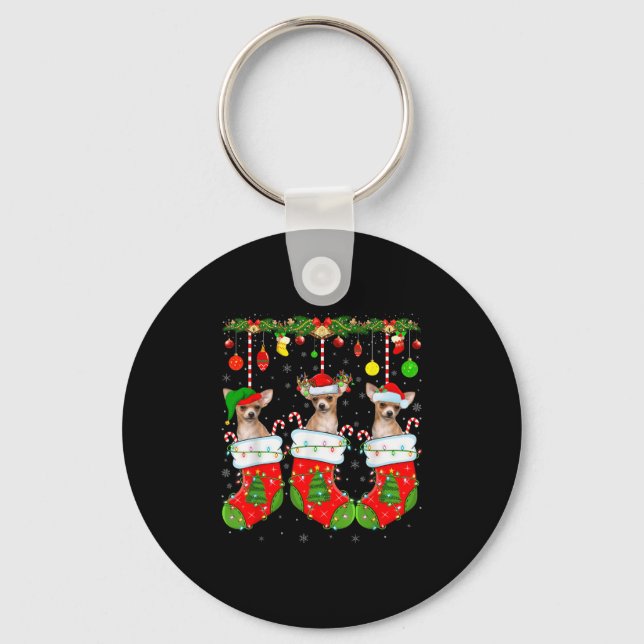 Chihuahua Dog In Christmas Socks Funny Pet Dog Lov Keychain (Front)