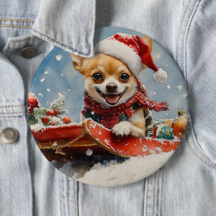 Chihuahua Dog in Sledge Let it Snow Christmas 6 Inch Round Button
