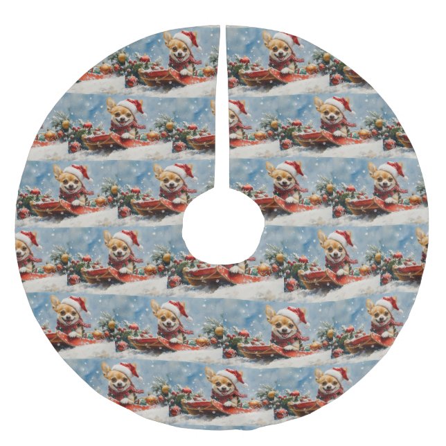 Chihuahua Dog in Sledge Let it Snow Christmas Brushed Polyester Tree Skirt (Front)