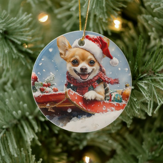 Chihuahua Dog in Sledge Let it Snow Christmas Ceramic Ornament (Tree)