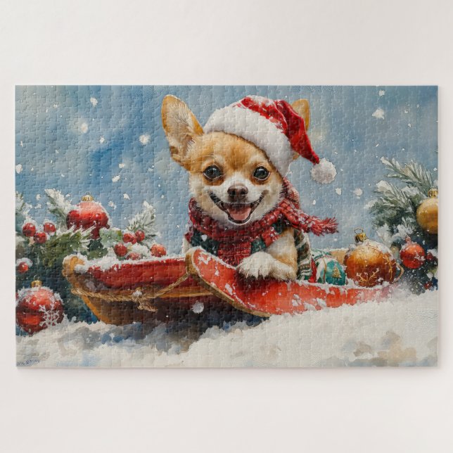 Chihuahua Dog in Sledge Let it Snow Christmas Jigsaw Puzzle (Horizontal)