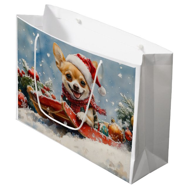 Chihuahua Dog in Sledge Let it Snow Christmas Large Gift Bag (Front Angled)
