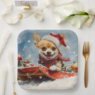 Chihuahua Dog in Sledge Let it Snow Christmas Paper Plate