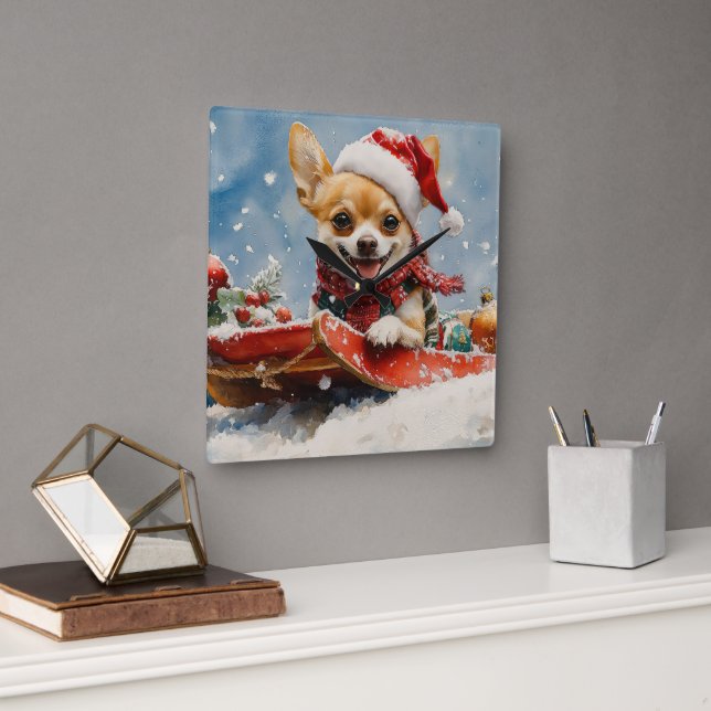 Chihuahua Dog in Sledge Let it Snow Christmas Square Wall Clock (Office)