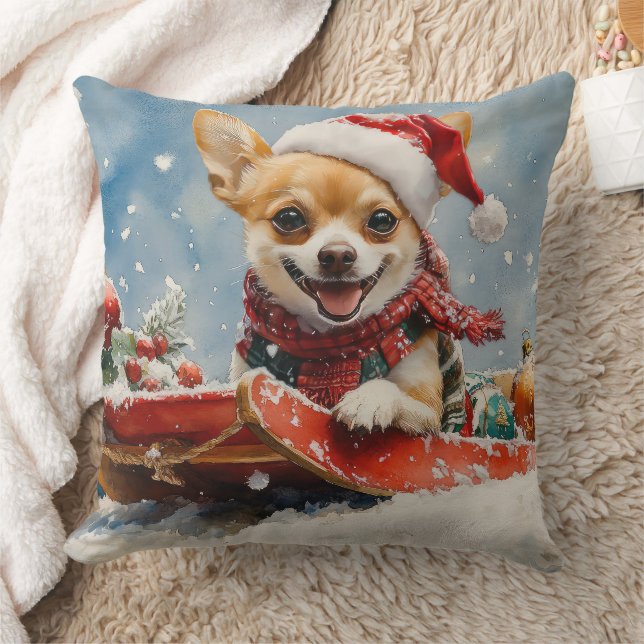 Chihuahua Dog in Sledge Let it Snow Christmas Throw Pillow (Blanket)