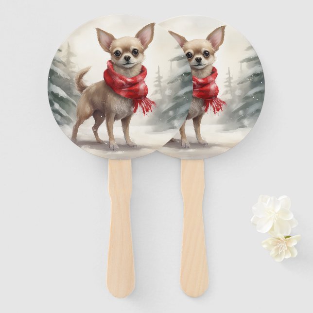 Chihuahua Dog in Snow Christmas  Hand Fan (Front and Back)