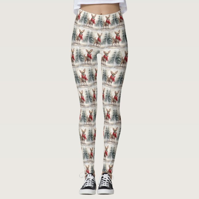 Chihuahua Dog in Snow Christmas  Leggings (Front)