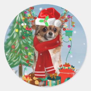 Chihuahua Dog in Snow with Christmas Gifts  Classic Round Sticker