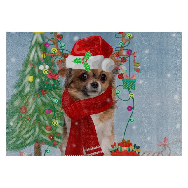 Chihuahua Dog in Snow with Christmas Gifts  Cutting Board (Front)