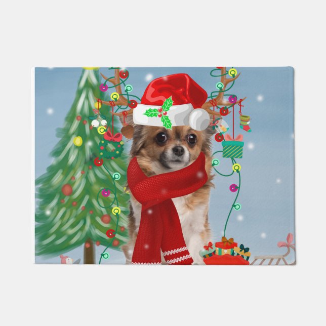Chihuahua Dog in Snow with Christmas Gifts  Doormat (Front)