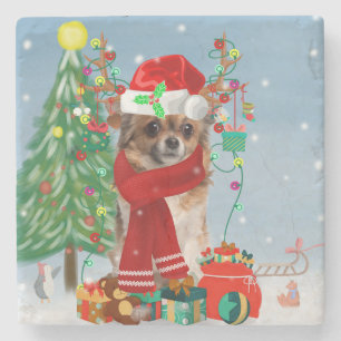 Chihuahua Dog in Snow with Christmas Gifts Stone Coaster