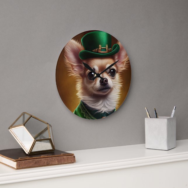 Chihuahua Dog in St. Patrick's Day Dress Large Clock (Office)