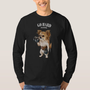 Chihuahua Dog Muscle Training With Dumbbell In Fit T-Shirt