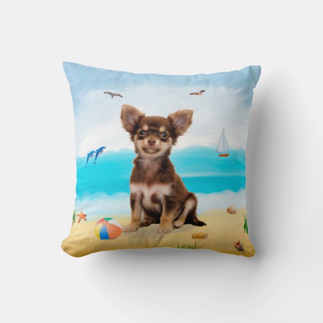 Chihuahua Dog on Beach Throw Pillow (Front)