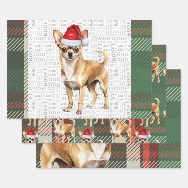 Chihuahua Dog Red and Green Plaid Christmas Wrapping Paper Sheet (Set)