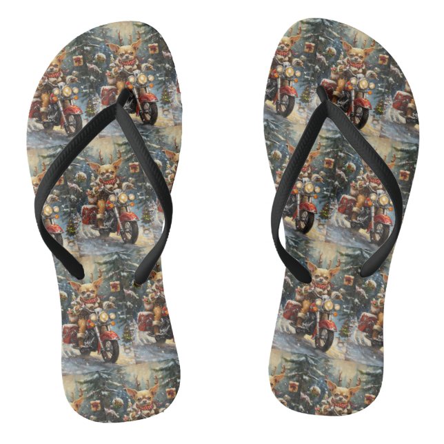 Chihuahua Dog Riding Motorcycle Christmas  Flip Flops (Footbed)