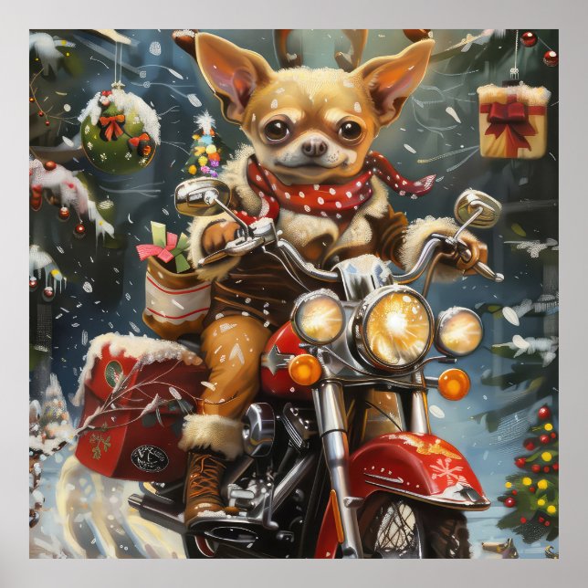 Chihuahua Dog Riding Motorcycle Christmas  Poster (Front)