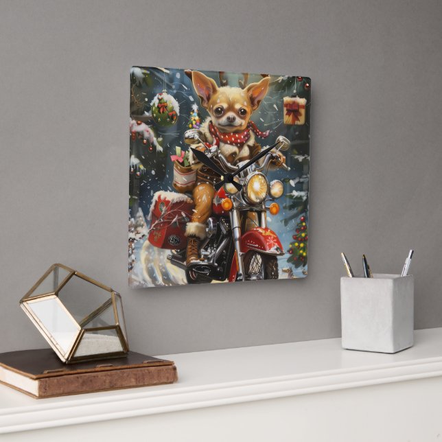 Chihuahua Dog Riding Motorcycle Christmas  Square Wall Clock (Office)
