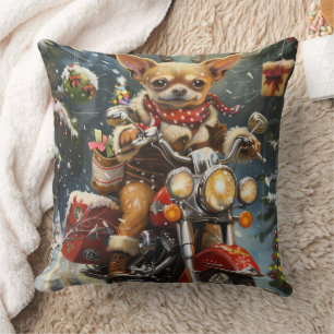 Chihuahua Dog Riding Motorcycle Christmas  Throw Pillow