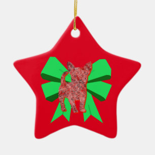 Chihuahua Dog Silhouette Red & Green Bow Christmas Ceramic Ornament