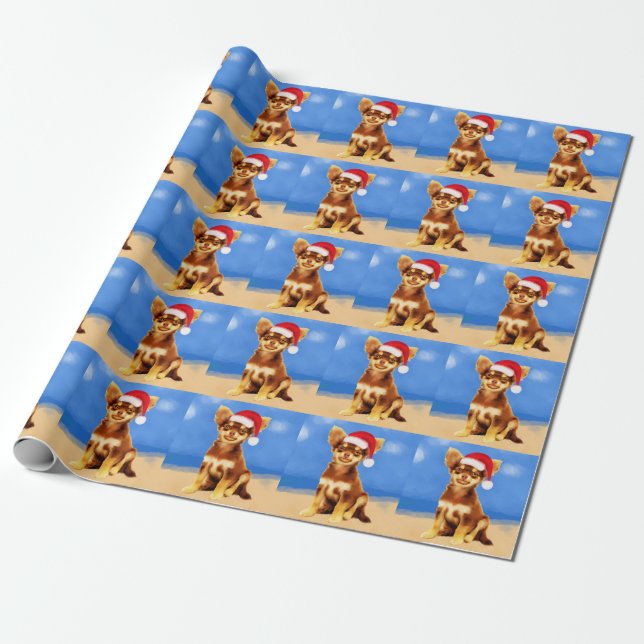 Chihuahua Dog Sitting On Beach Christmas Hat Wrapping Paper (Unrolled)