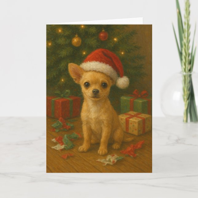 Chihuahua Dog Under A Christmas Tree Holiday Card (Front)