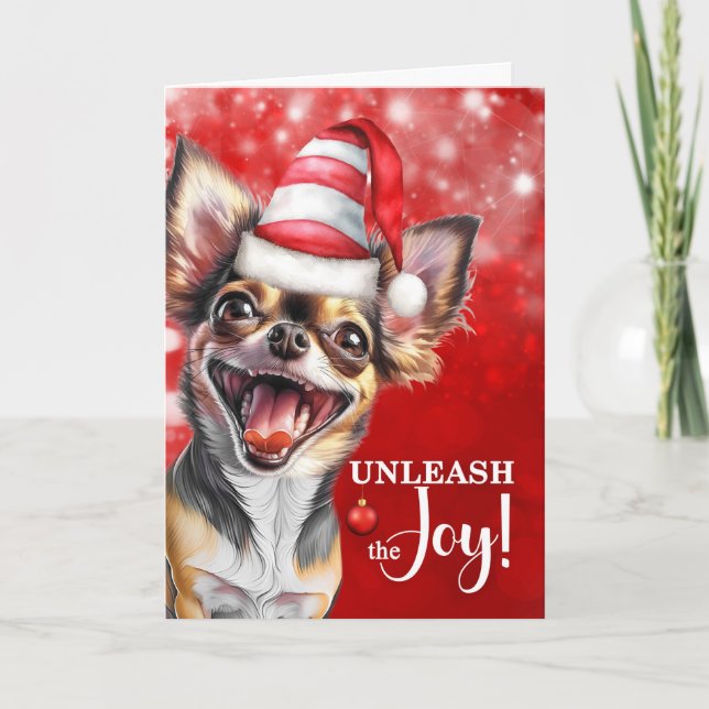 Chihuahua Dog Unleash the Joy Christmas Holiday Card (Front)