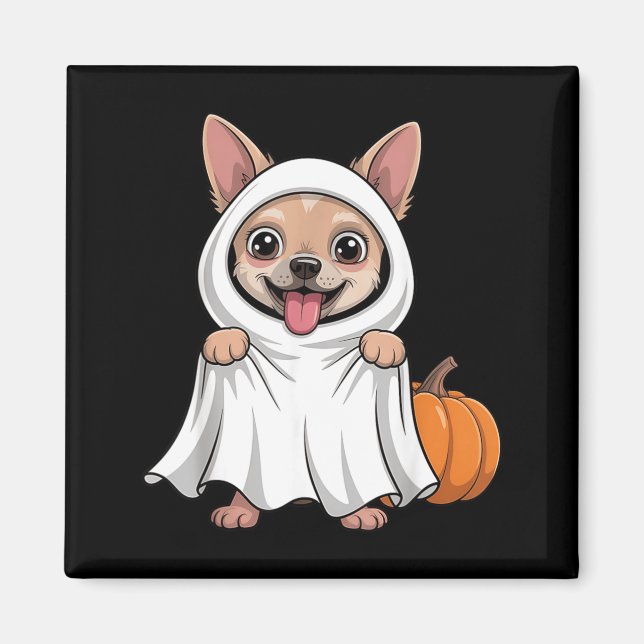 Chihuahua Dog Wearing A White Ghost Costume Dog Magnet (Front)