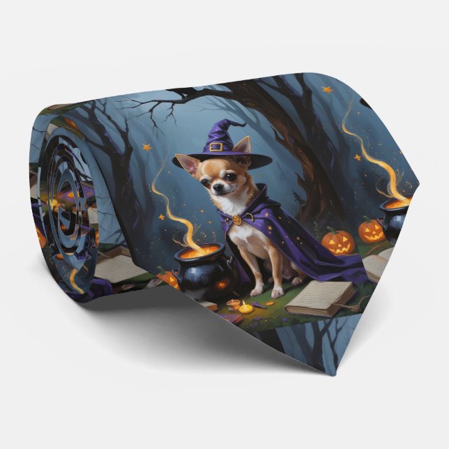 Chihuahua Dog Whimsical Halloween Painting Tie (Rolled)