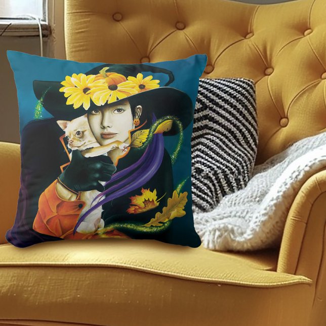 Chihuahua Dog Witch Throw Pillow (Creator Uploaded)
