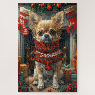 Chihuahua Dog With Christmas Gifts Fireplace Jigsaw Puzzle