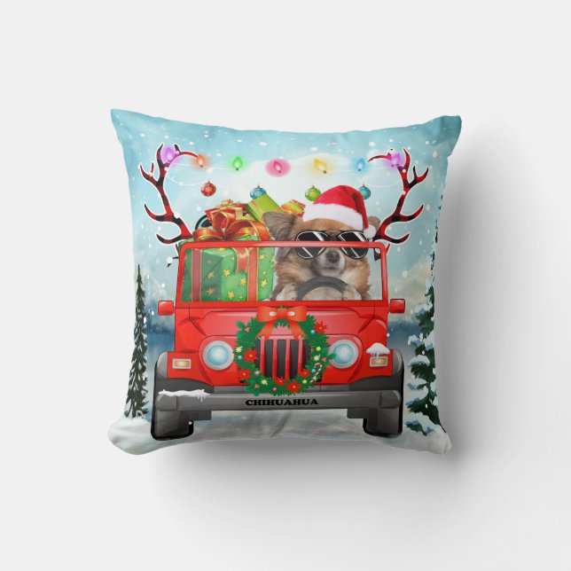 Chihuahua dog with Christmas gifts Throw Pillow (Front)