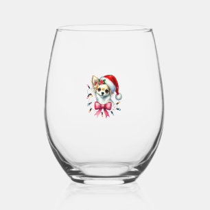 Chihuahua Dog With Coquette Bow Christmas Matching Stemless Wine Glass