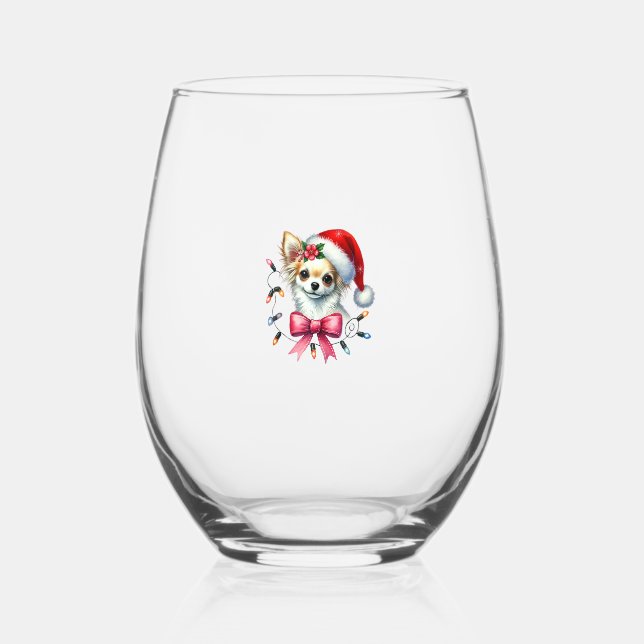Chihuahua Dog With Coquette Bow Christmas Matching Stemless Wine Glass (Front)