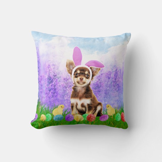 Chihuahua Dog with Easter Eggs Bunny Chicks Throw Pillow (Front)