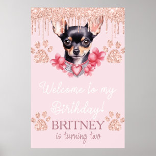Chihuahua Dog with Glitter Birthday Welcome Party Poster