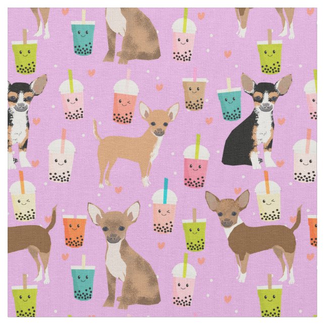 Chihuahua dogs bubble tea purple fabric (Close Up)