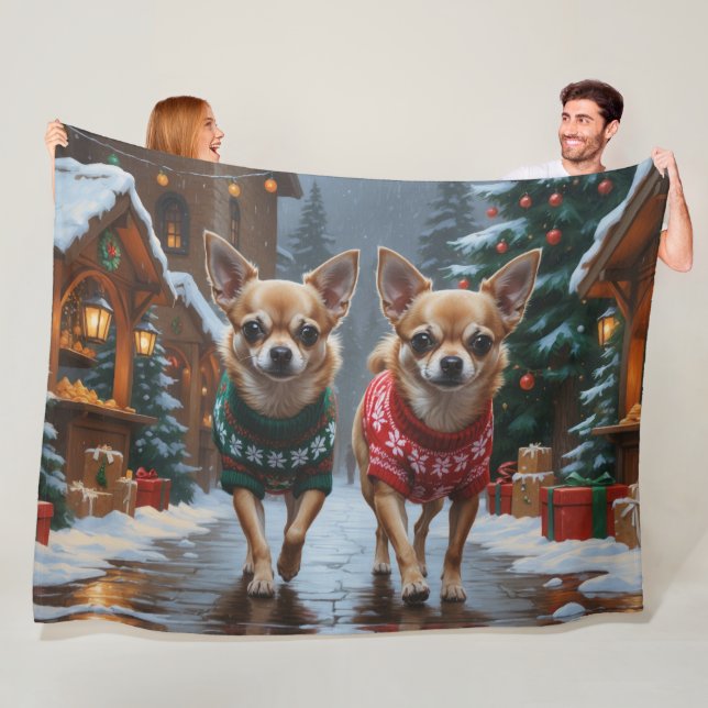 Chihuahua Dogs Christmas Snow Holiday Fleece Blanket (In Situ)