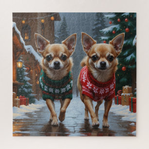 Chihuahua Dogs Christmas Snow Holiday Jigsaw Puzzle