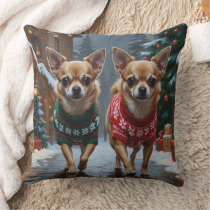 Chihuahua Dogs Christmas Snow Holiday Throw Pillow