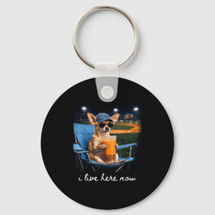 Chihuahua drink iced coffee baseball field live keychain