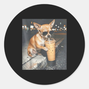Chihuahua drinking iced coffee funny animal meme classic round sticker