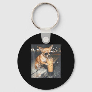 Chihuahua drinking iced coffee funny animal meme keychain