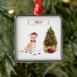 Chihuahua Funny Christmas Dog with Tree Metal Ornament